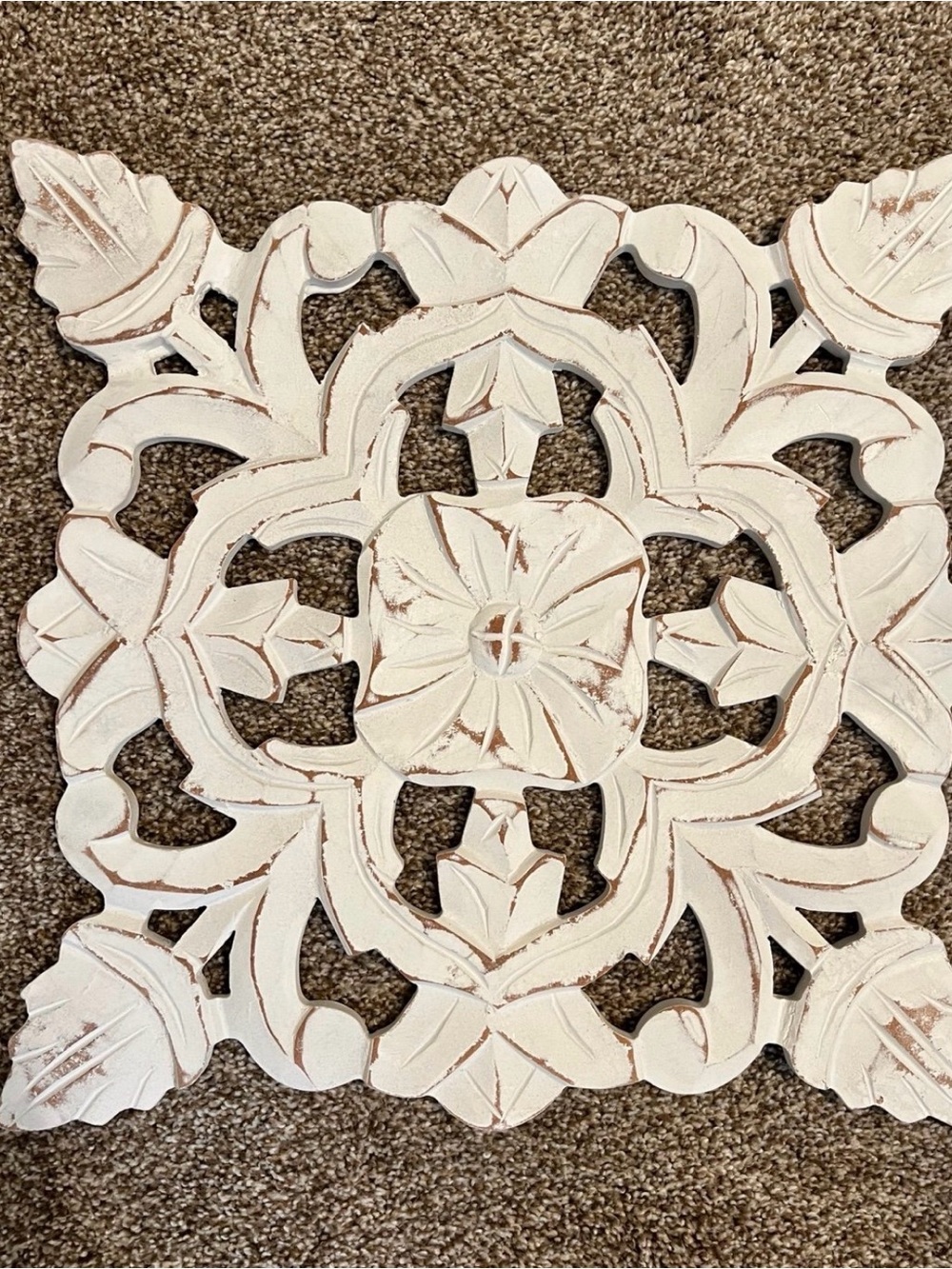 White Distressed Carved Floral Wood Wall Decor